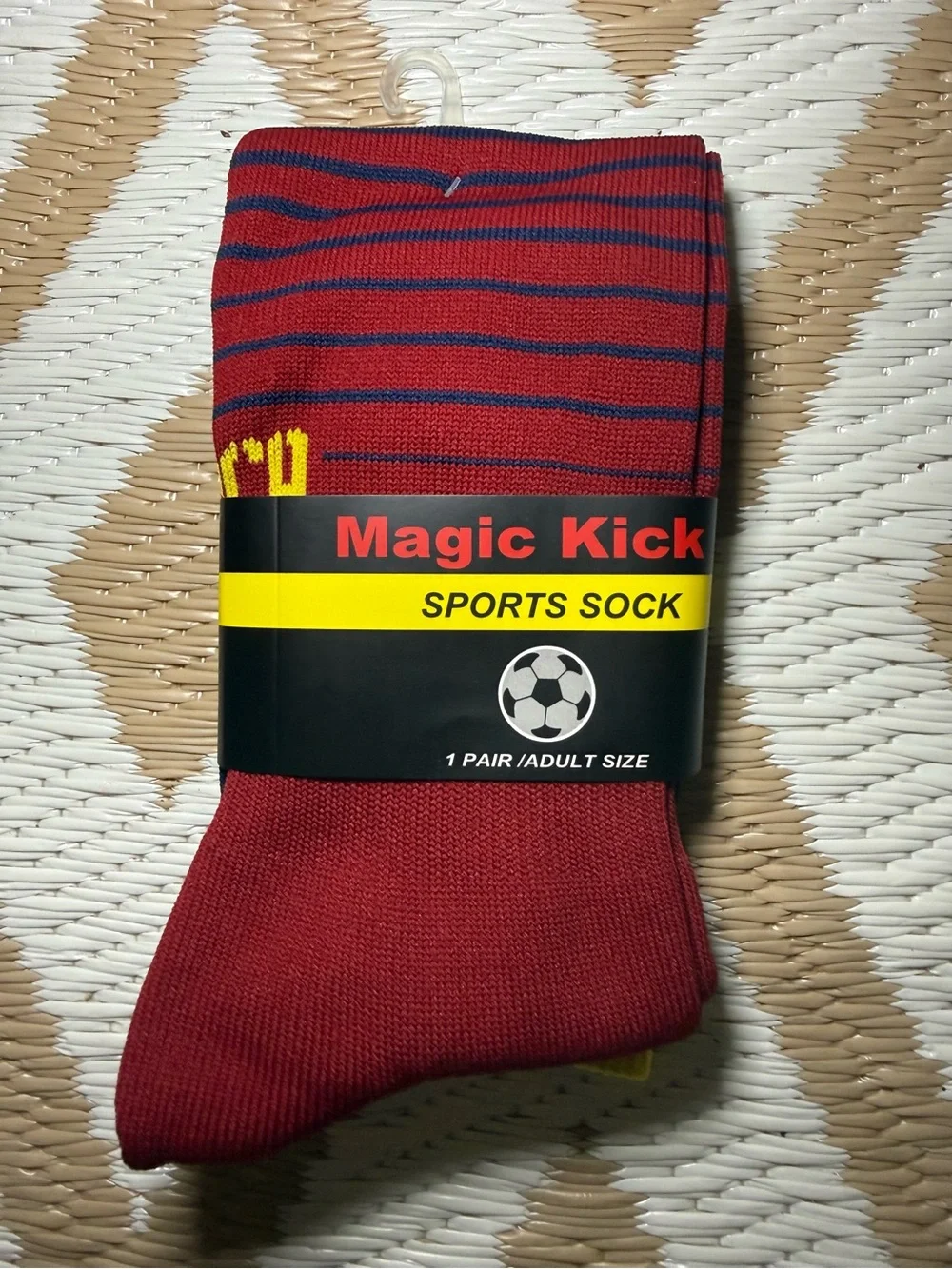 Magic Kick Athletic Socks 1 Pair One Size Red Blue Yellow Striped Nylon